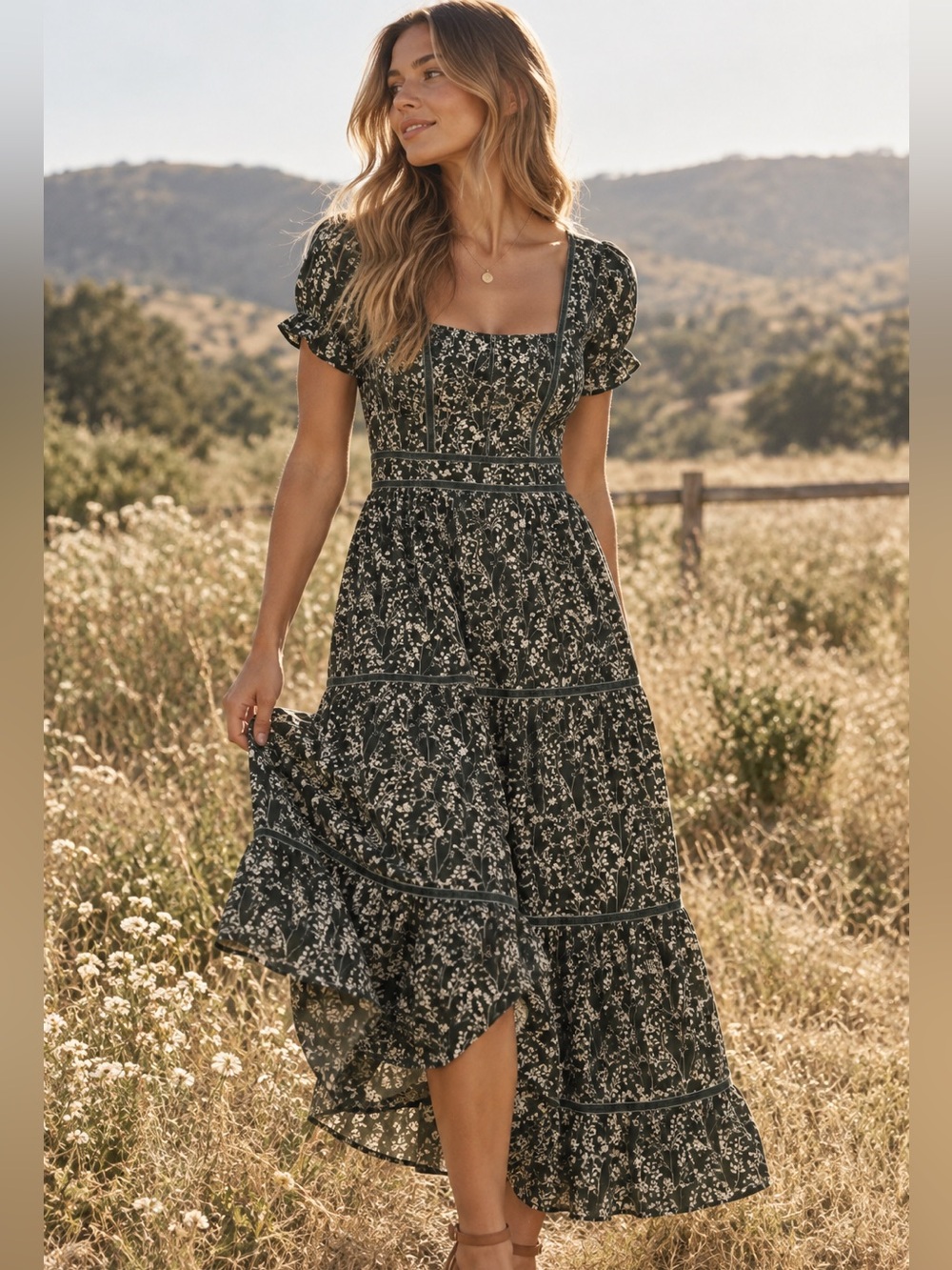 Rylee + Cru NWT Boho Green Floral Square-Neck Maxi Dress
